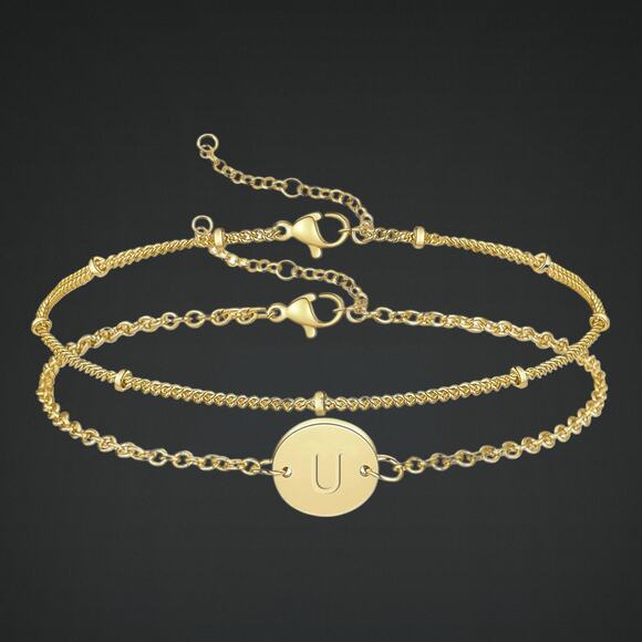 Layered Gold Plated Initial "U" Bracelet Set With Gift Box - Picture 1 of 5